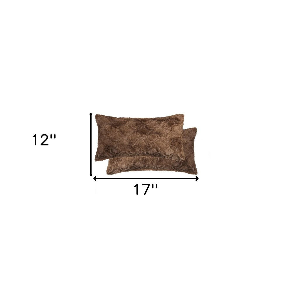Set of Two 12" X 20" Brown Faux Fur Lumbar Throw Pillows