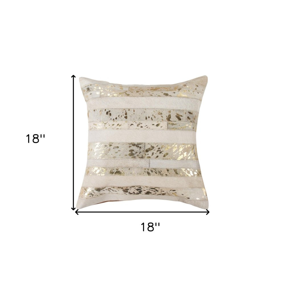 Set of Two 18" Natural and Gold Striped Cowhide Throw Pillows with Glitter