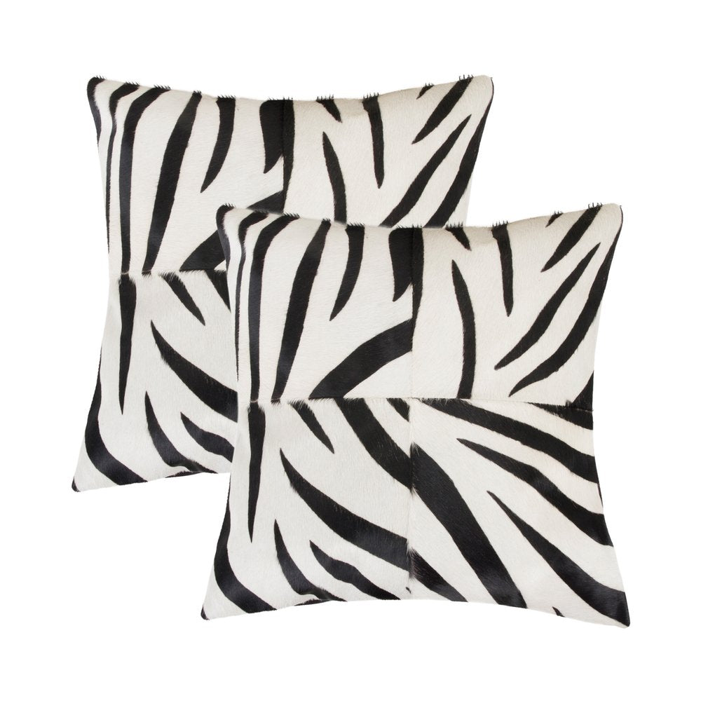 Set of Two 18" White and Black Zebra Cowhide Throw Pillows