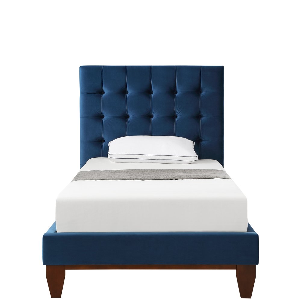 Cama individual de madera maciza azul marino con tapizado de terciopelo capitoné