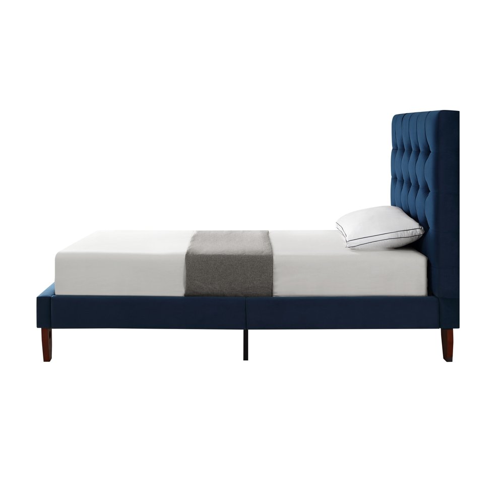 Cama individual de madera maciza azul marino con tapizado de terciopelo capitoné