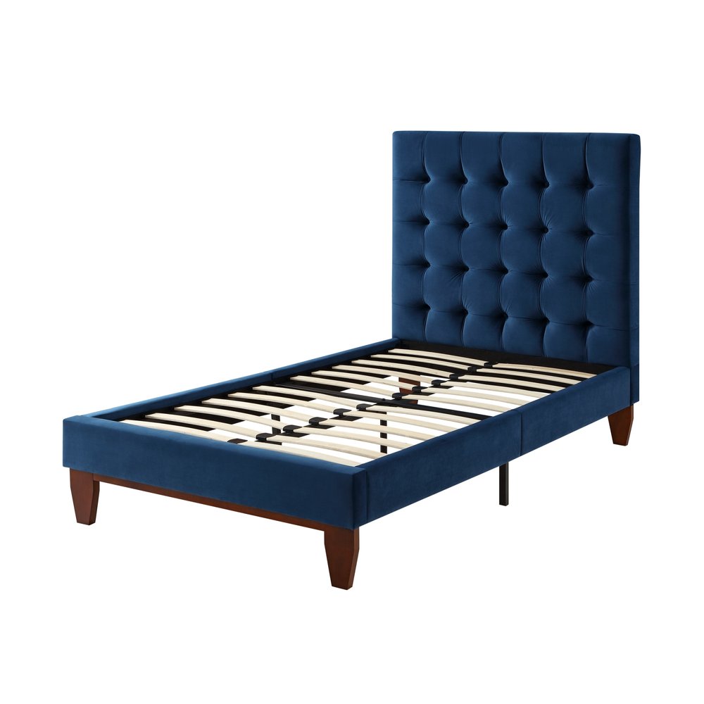 Cama individual de madera maciza azul marino con tapizado de terciopelo capitoné