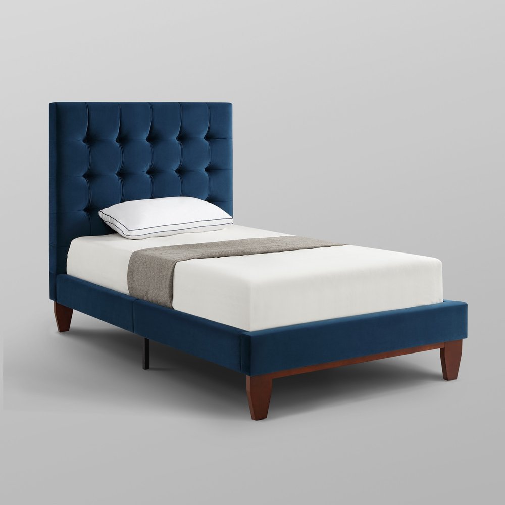 Cama individual de madera maciza azul marino con tapizado de terciopelo capitoné