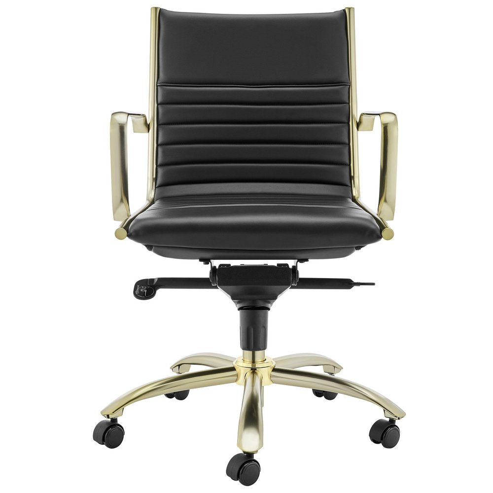 Silla de oficina giratoria ajustable para conferencias, de acero negro y dorado y cuero sintético.