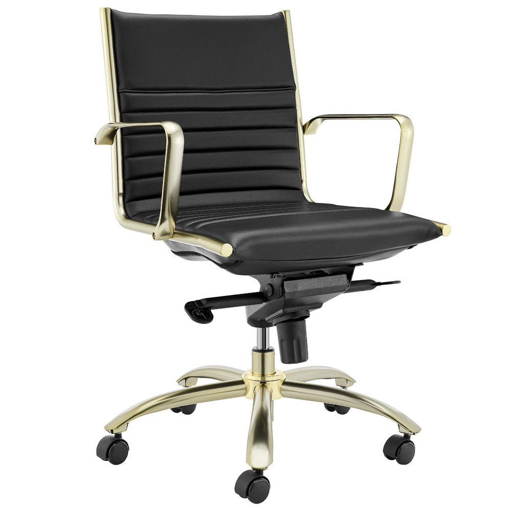 Silla de oficina giratoria ajustable para conferencias, de acero negro y dorado y cuero sintético.