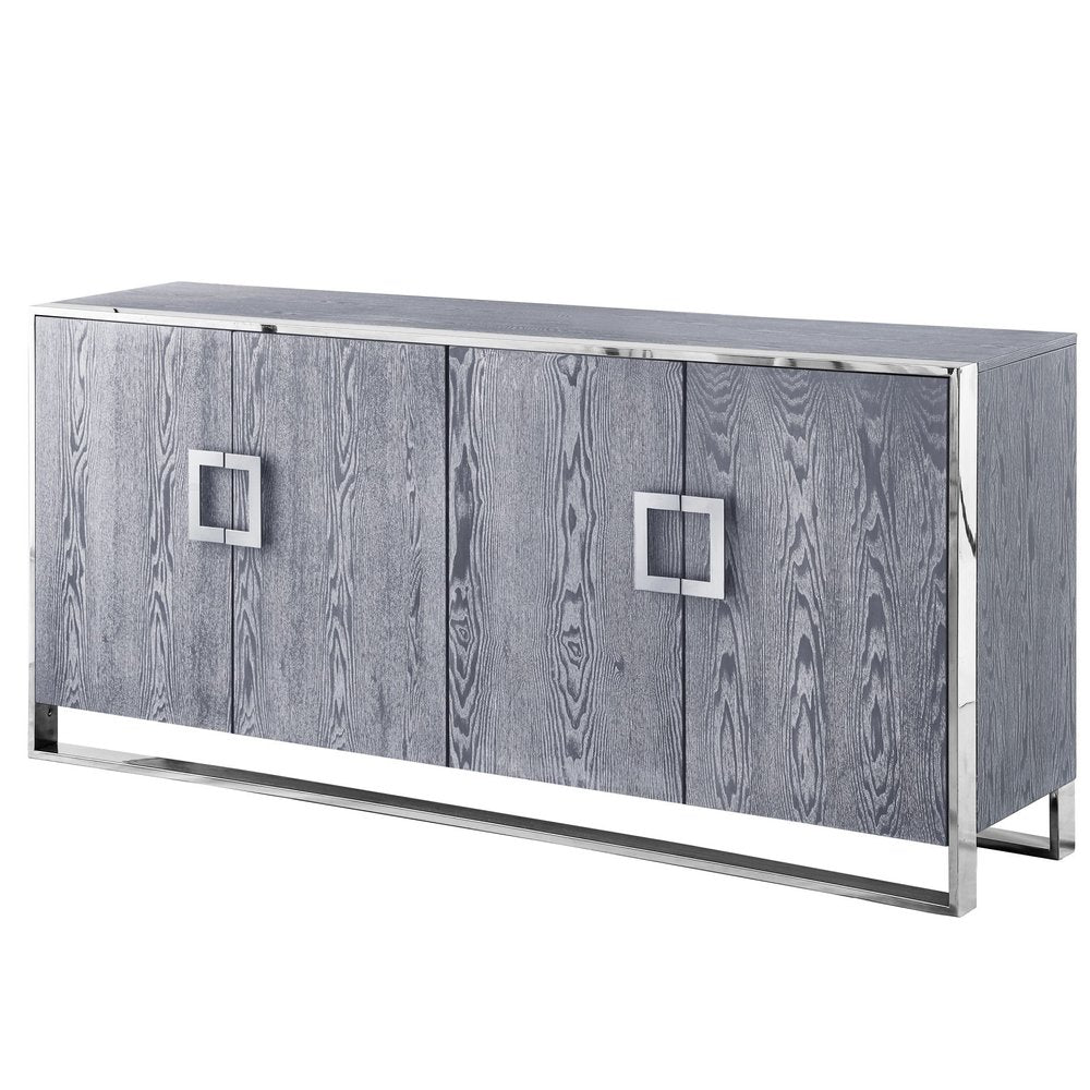71" Ash Gray And Chrome Sideboard with Four Doors