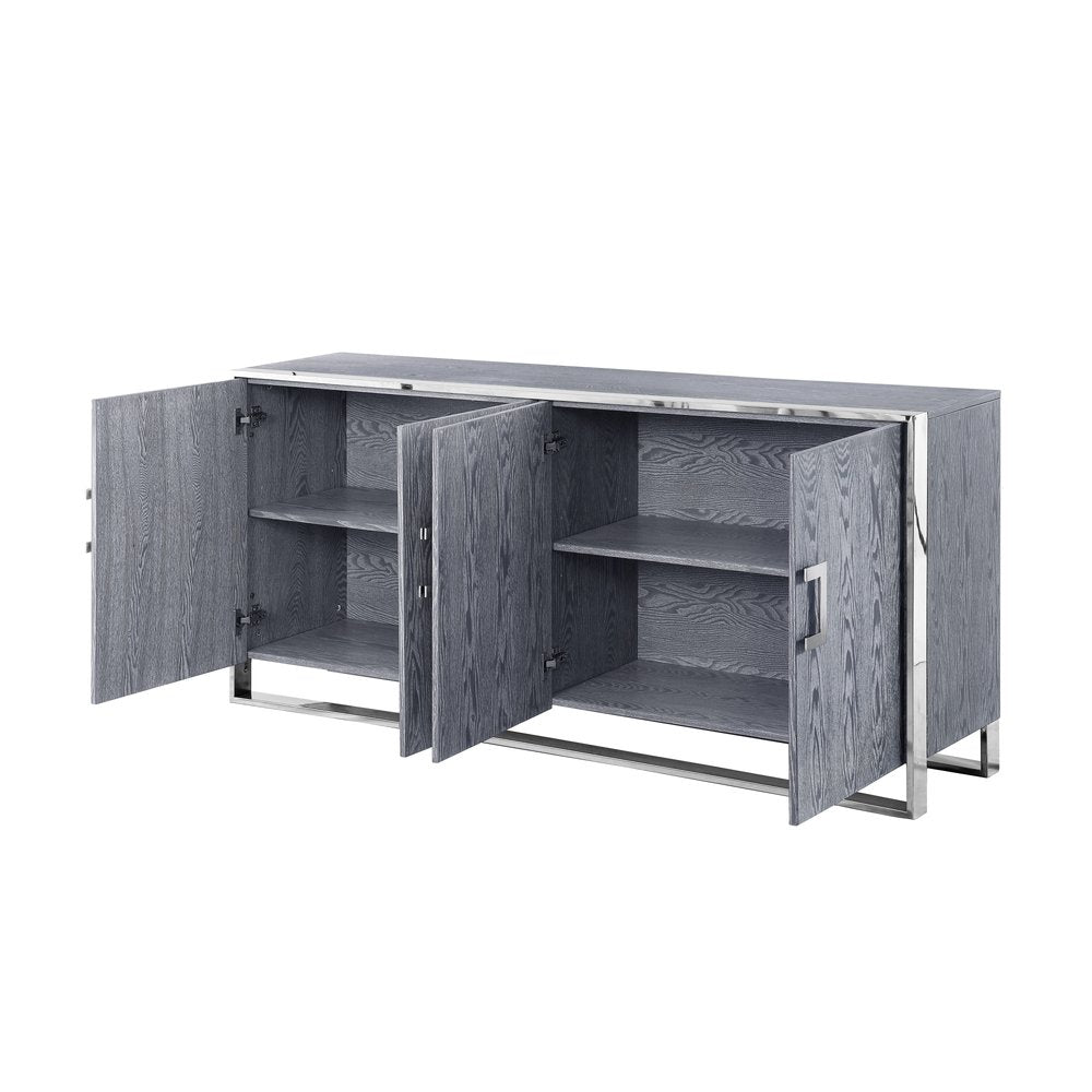 71" Ash Gray And Chrome Sideboard with Four Doors