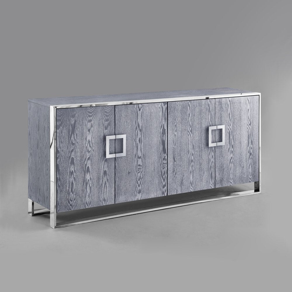 71" Ash Gray And Chrome Sideboard with Four Doors