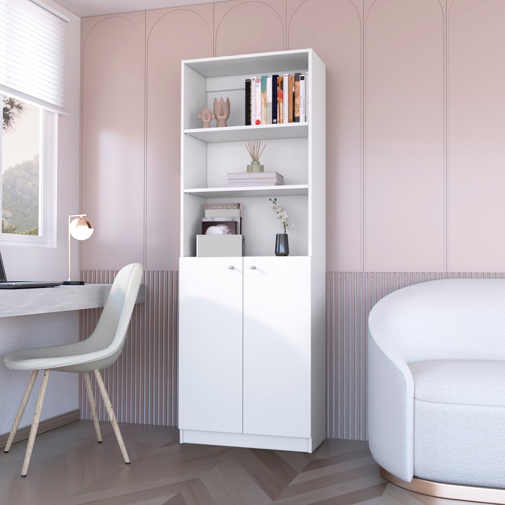 Librería de tres niveles de madera blanca de 71" con dos puertas