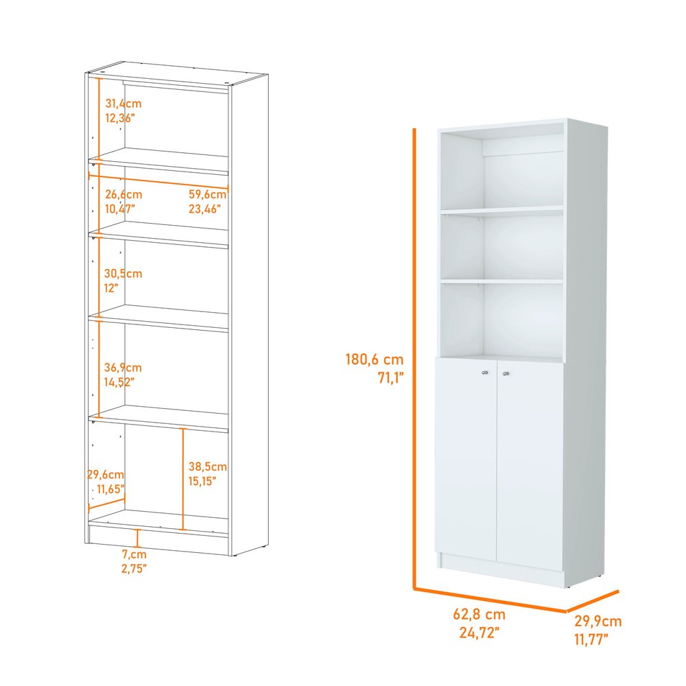 Librería de tres niveles de madera blanca de 71" con dos puertas