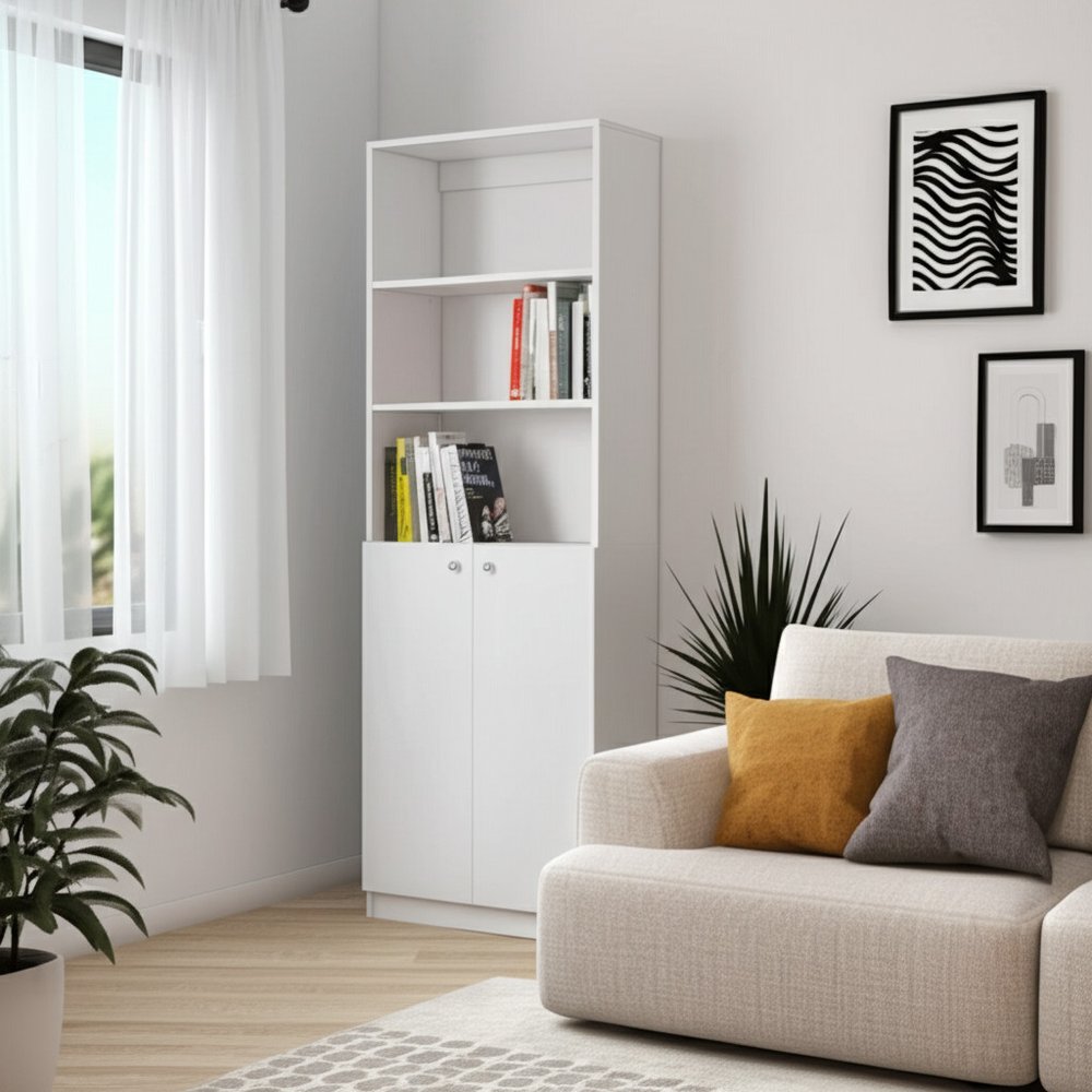 Librería de tres niveles de madera blanca de 71" con dos puertas