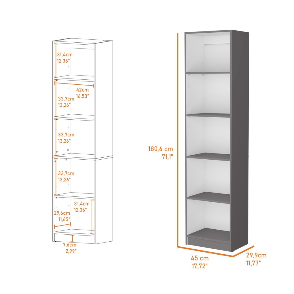 71" Gray And White Wood Five Tier Bookcase