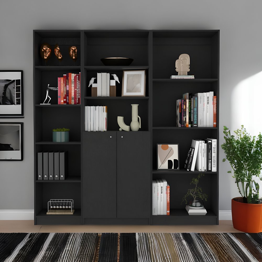 Librería negra de cinco niveles de 71" con dos puertas