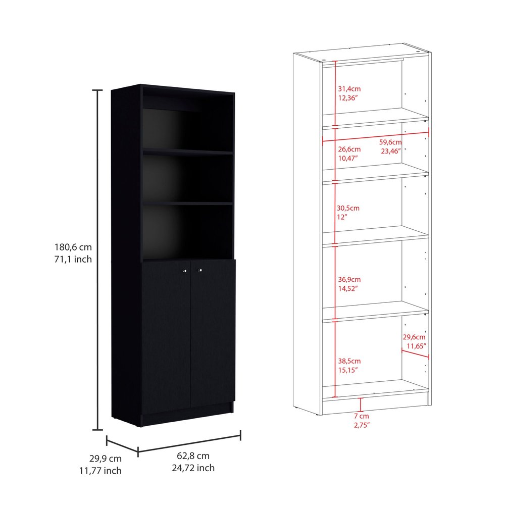 Librería negra de cinco niveles de 71" con dos puertas