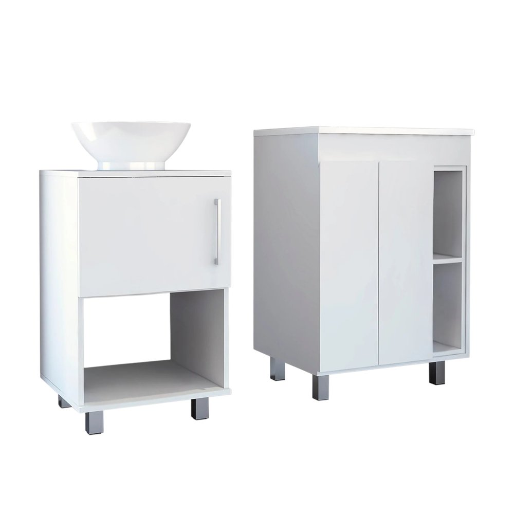 Set Of Two White Wood Freestanding Bathroom Vanity With Sink