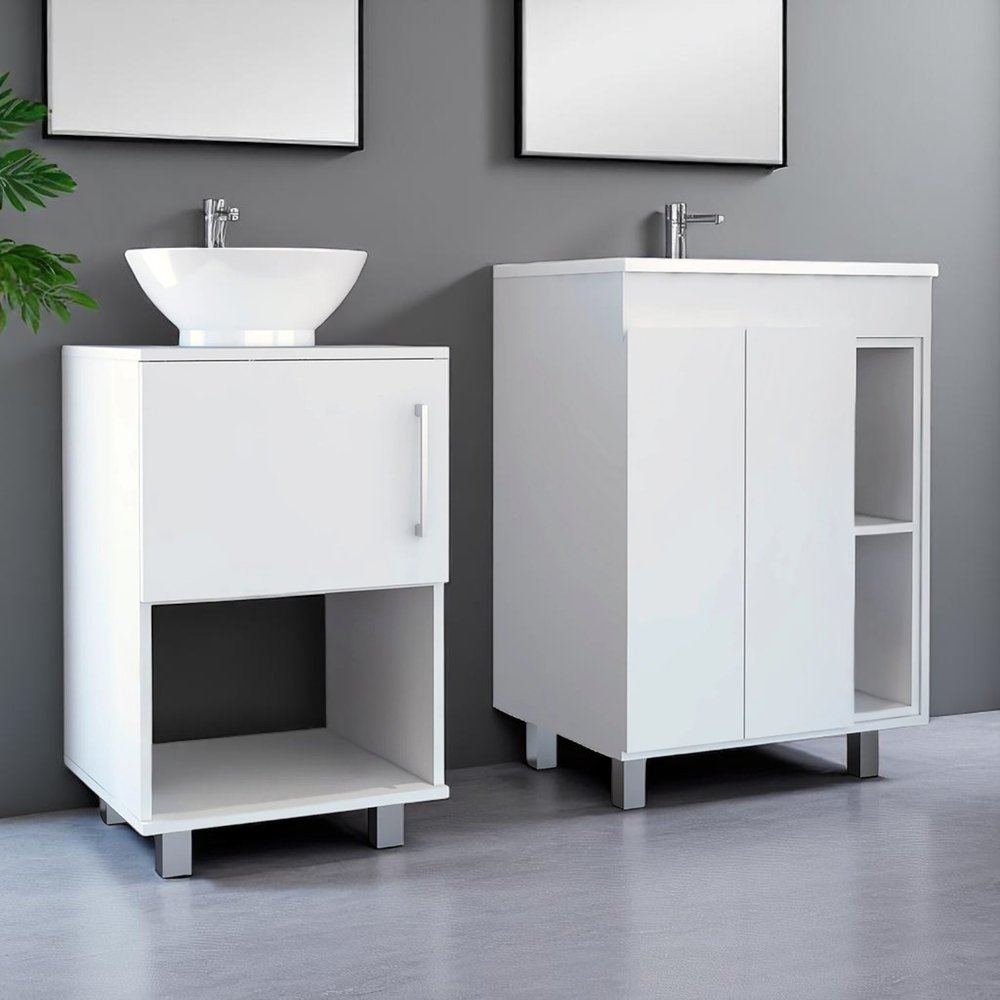 Set Of Two White Wood Freestanding Bathroom Vanity With Sink