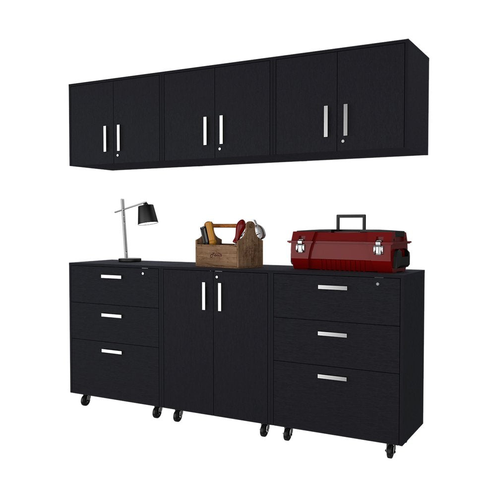 Gabinete de pared negro de 28" con ocho estantes y seis cajones