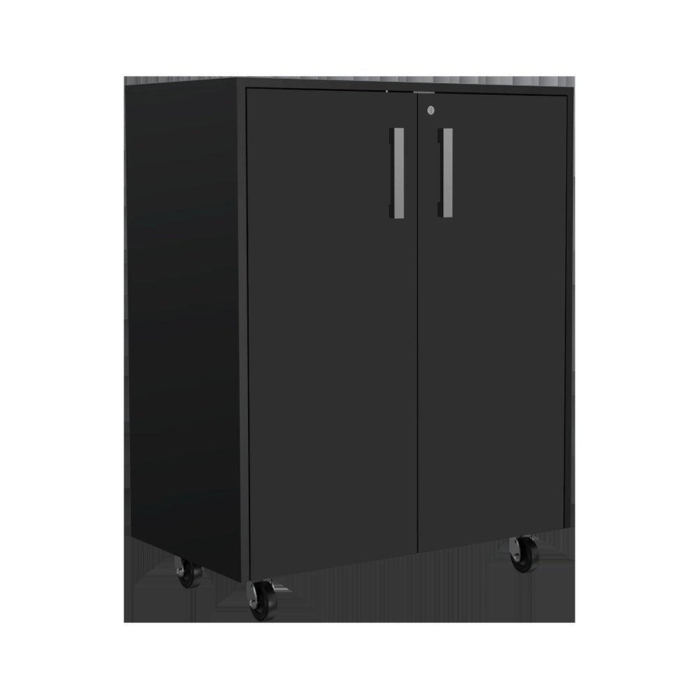Gabinete de pared negro de 28" con ocho estantes y seis cajones