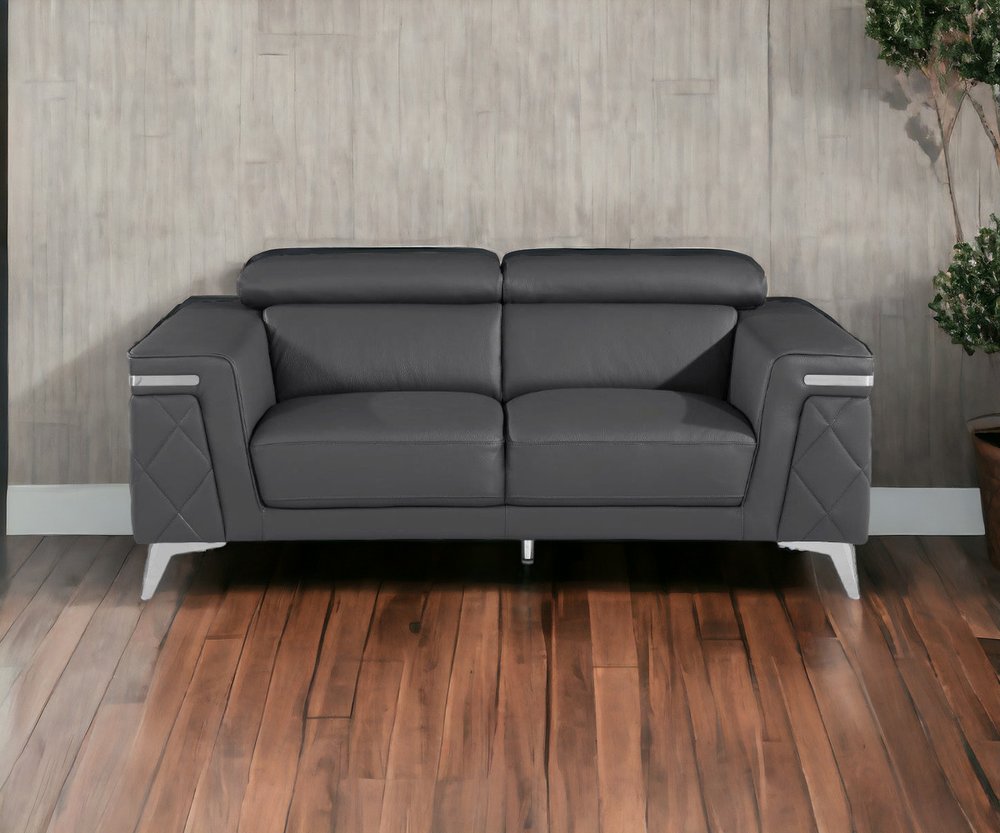 Loveseat de cuero metalizado gris oscuro y plateado de 70"