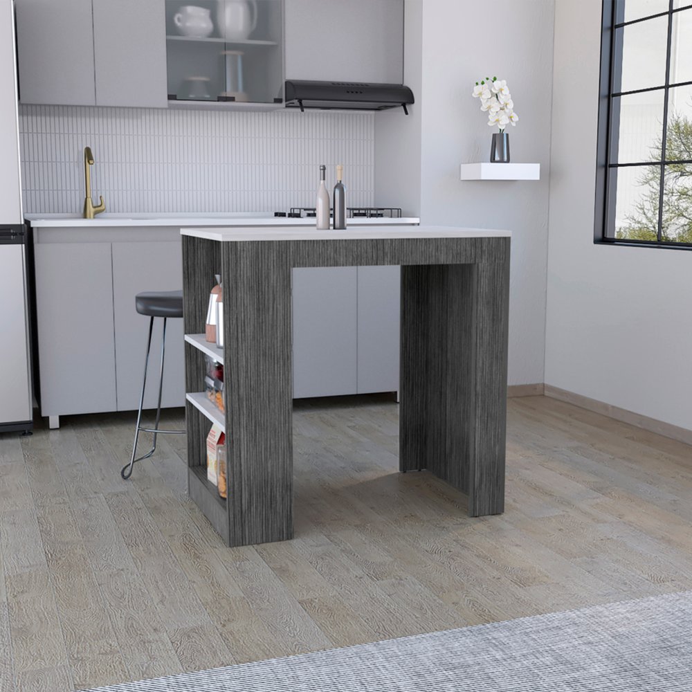 Isla de cocina de 36" de mármol blanco y gris y madera con espacio de almacenamiento