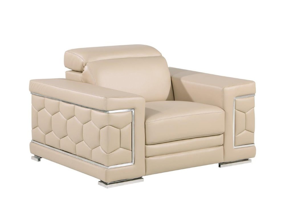47" Beige and Silver Genuine Leather Club Chair