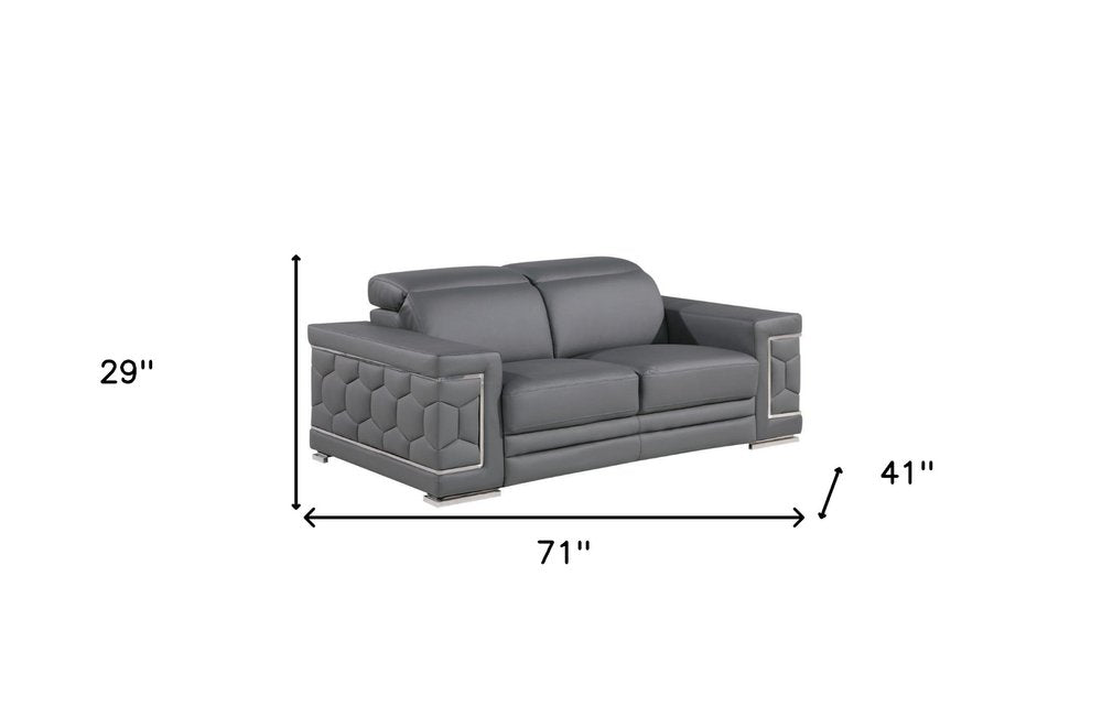 Loveseat de cuero genuino gris y plateado de 71"