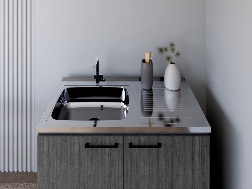 35" X 39" Dark Gray And Silver Stainless Steel and Wood Utility Cabinet With Sink