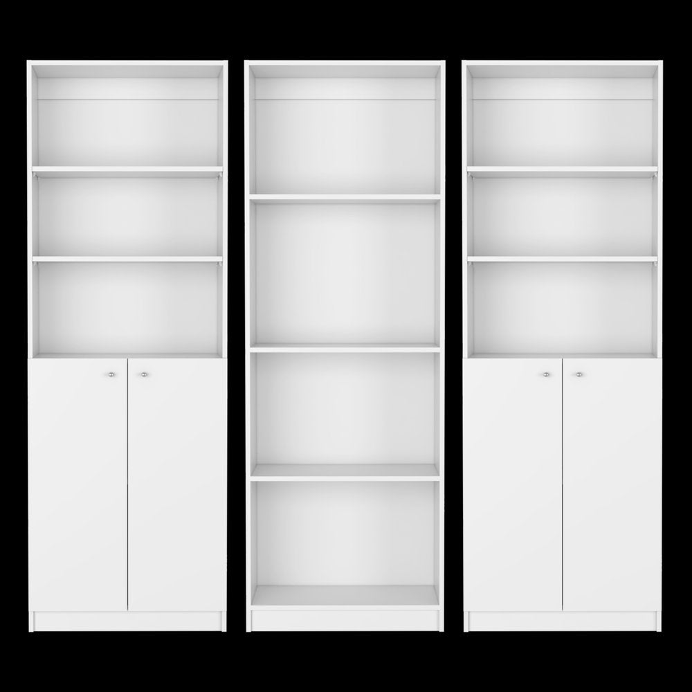Set of Three White Wood Ten Tier Modular Bookcase with Four Doors