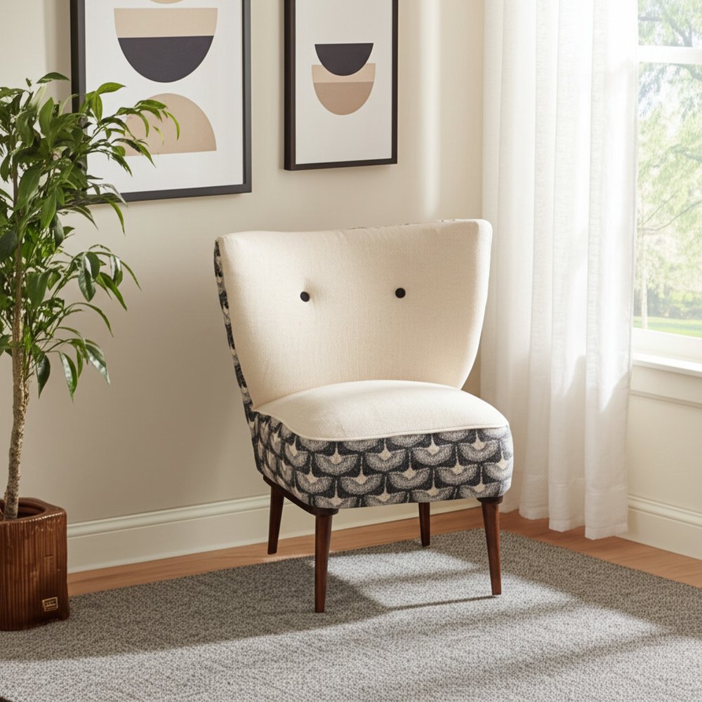 30" Cream Charcoal and Brown Geometric Tufted Wingback Chair