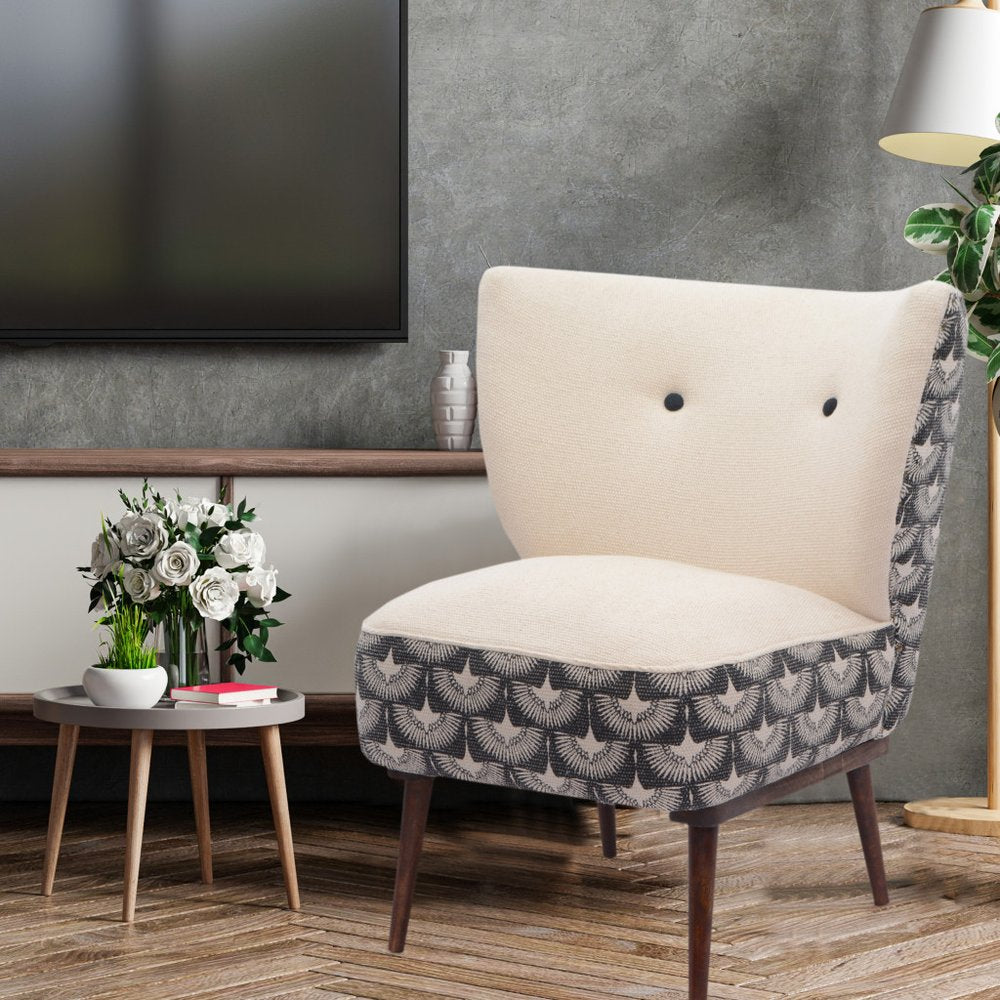 30" Cream Charcoal and Brown Geometric Tufted Wingback Chair