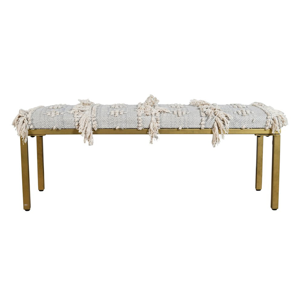 47" Gray Ivory and Gold Geometric Cotton Upholstered Bench