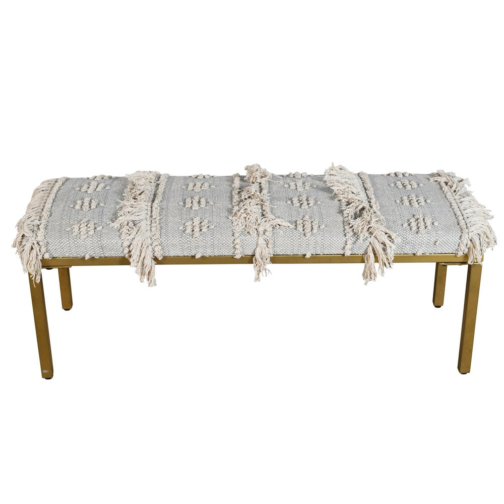 47" Gray Ivory and Gold Geometric Cotton Upholstered Bench