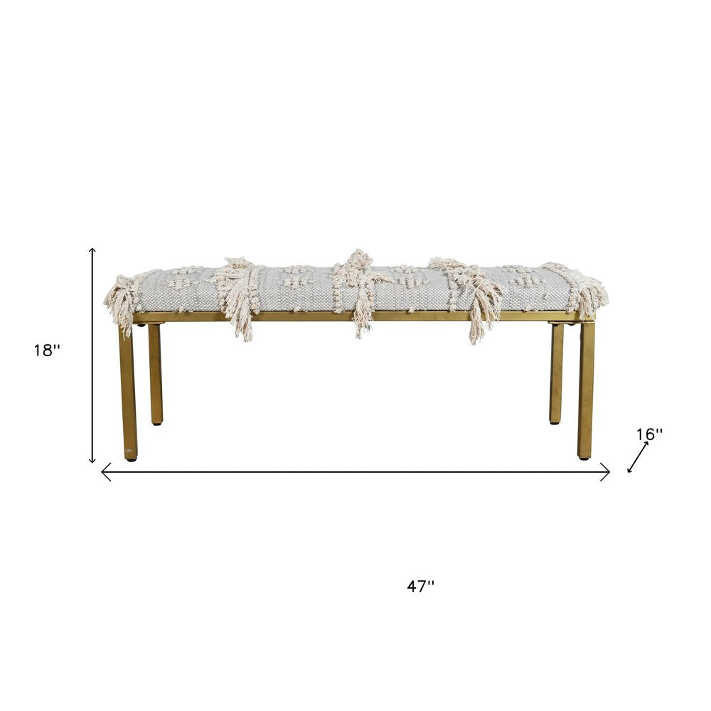 47" Gray Ivory and Gold Geometric Cotton Upholstered Bench