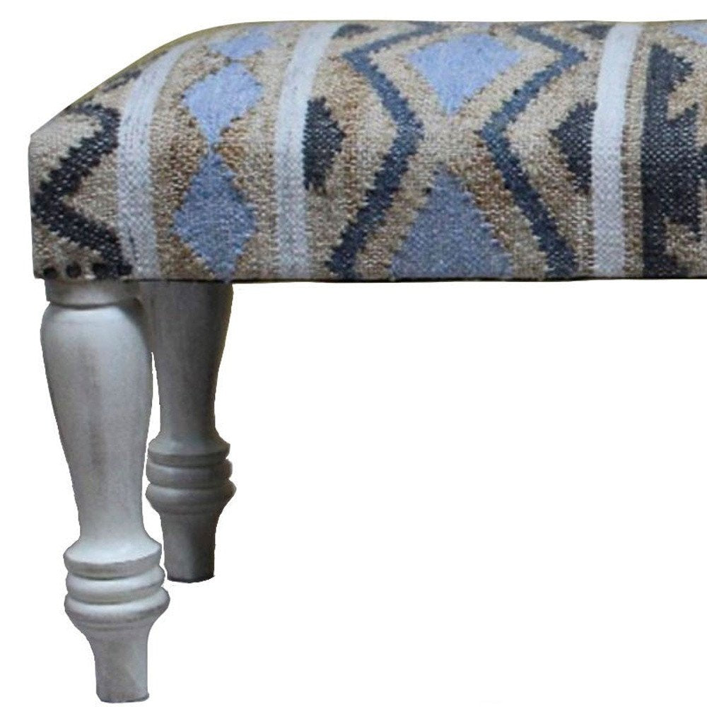 47" Beige Blue and White Geometric Cotton Blend Upholstered Bench