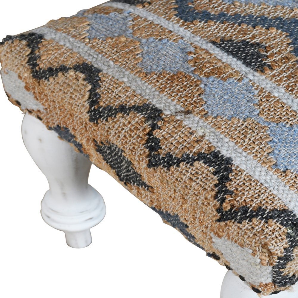47" Beige Blue and White Geometric Cotton Blend Upholstered Bench