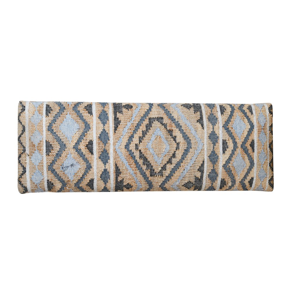 47" Beige Blue and White Geometric Cotton Blend Upholstered Bench