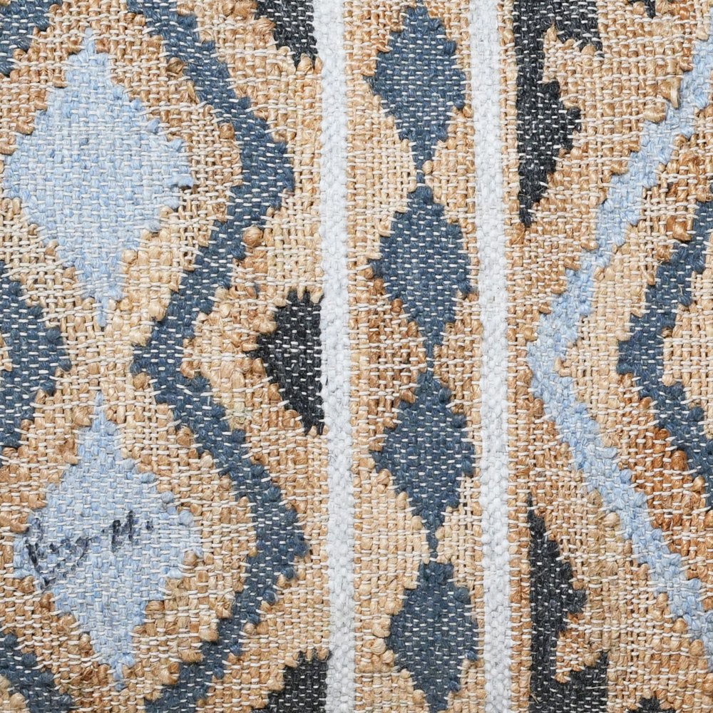 47" Beige Blue and White Geometric Cotton Blend Upholstered Bench