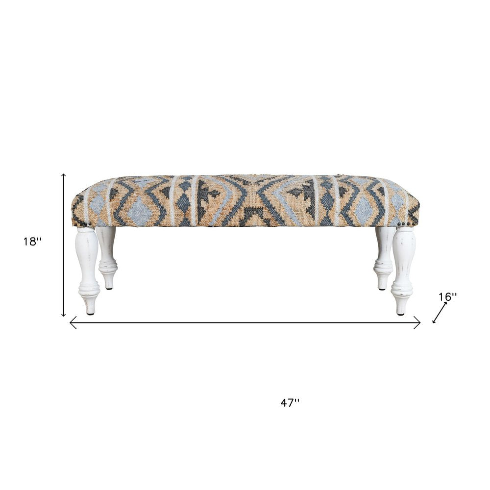47" Beige Blue and White Geometric Cotton Blend Upholstered Bench