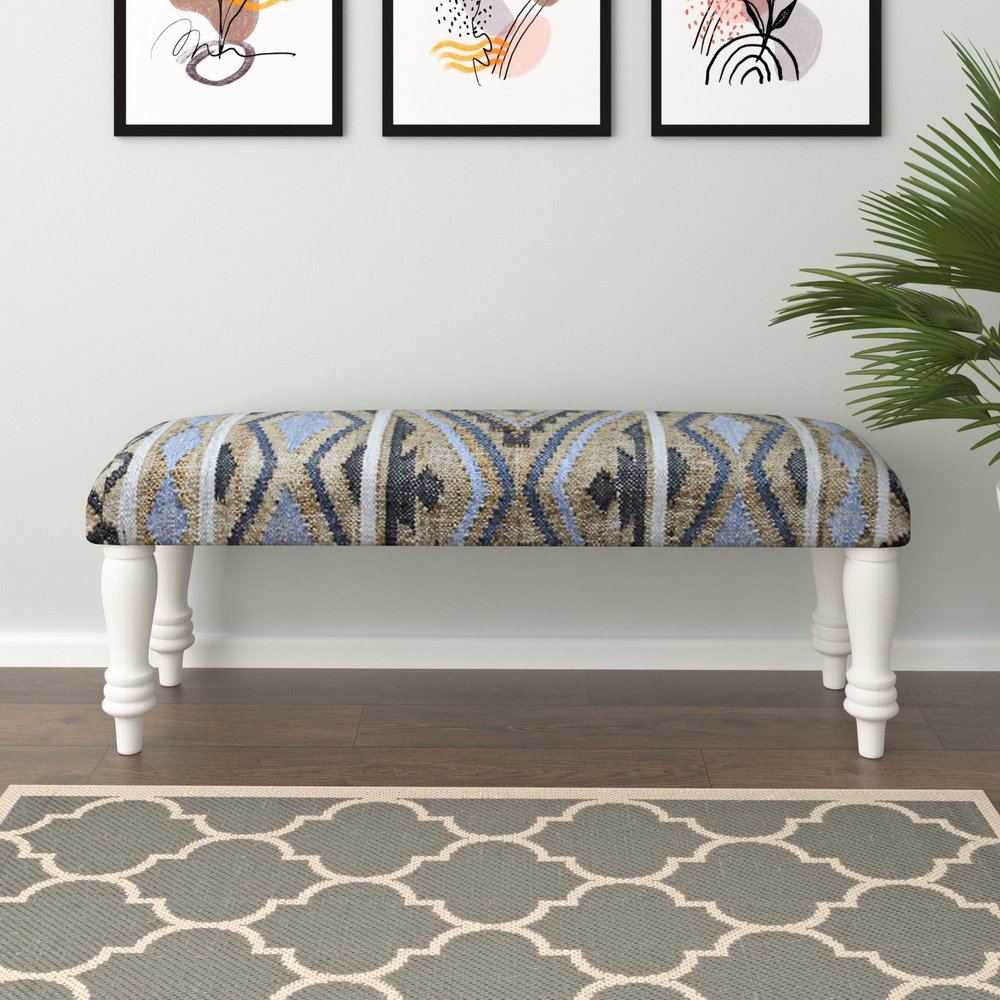 47" Beige Blue and White Geometric Cotton Blend Upholstered Bench