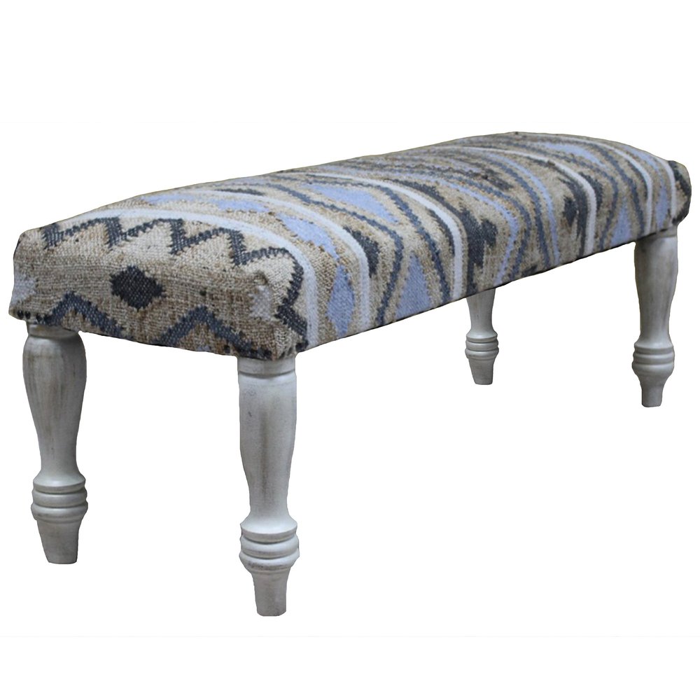 47" Beige Blue and White Geometric Cotton Blend Upholstered Bench