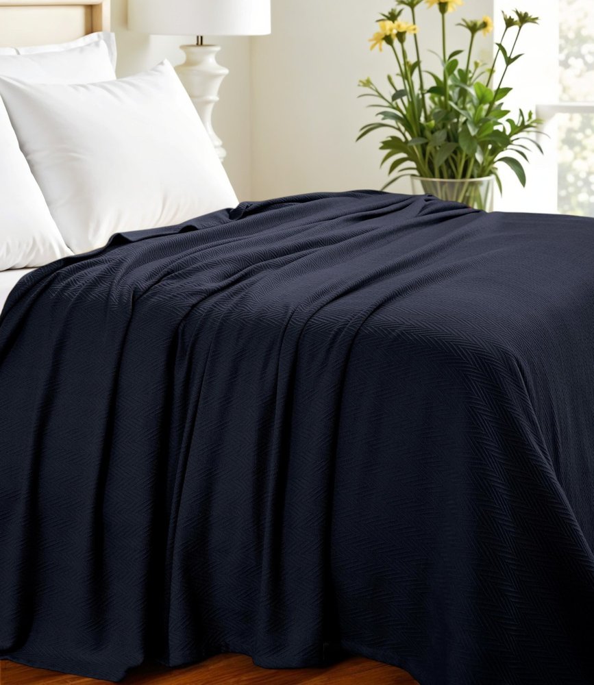 King Navy Blue Cotton Woven Chevron Blanket