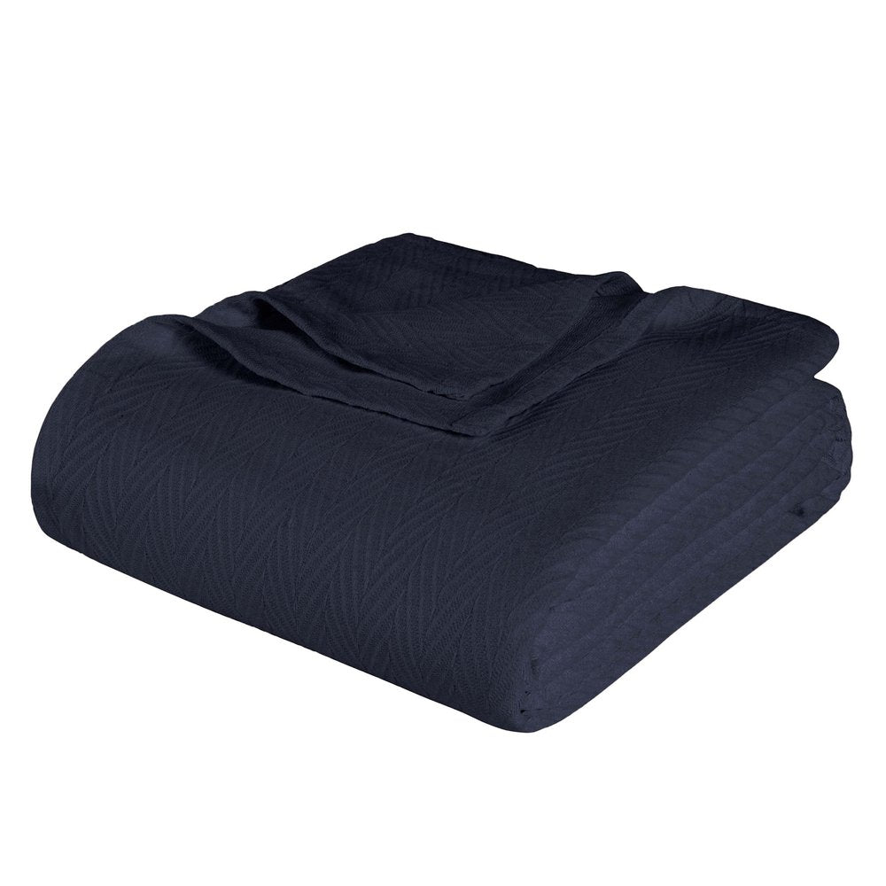 King Navy Blue Cotton Woven Chevron Blanket