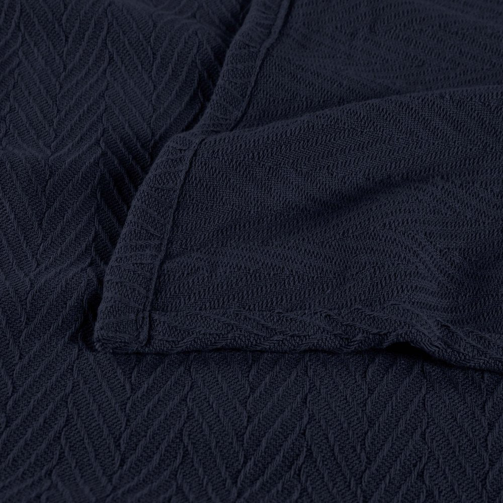 King Navy Blue Cotton Woven Chevron Blanket