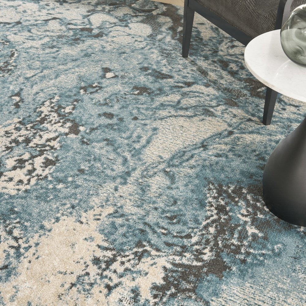 9' X 13' Ivory Teal Blue and Black Abstract Non Skid Area Rug