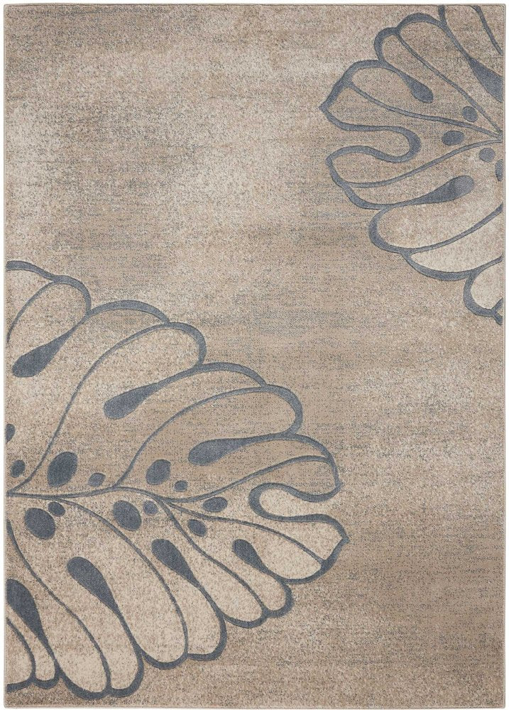 9' X 13' Ivory Black and Gray Botanical Leaves Non Skid Area Rug