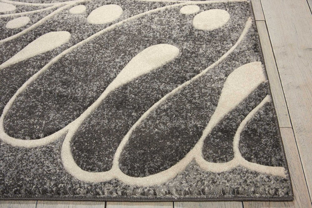 9' X 13' Ivory Black and Gray Botanical Leaves Non Skid Area Rug