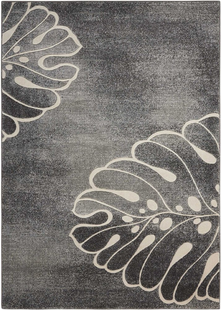 9' X 13' Ivory Black and Gray Botanical Leaves Non Skid Area Rug