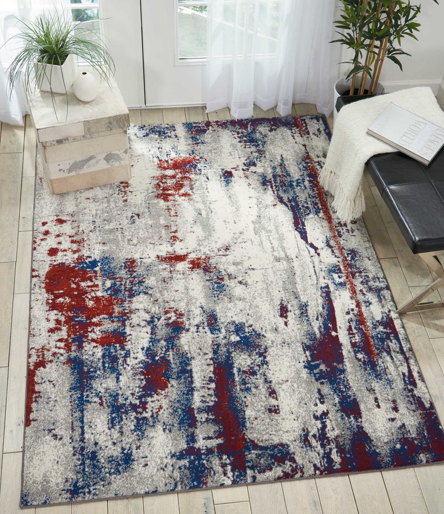 9' X 13' Ivory Red and Blue Abstract Non Skid Area Rug