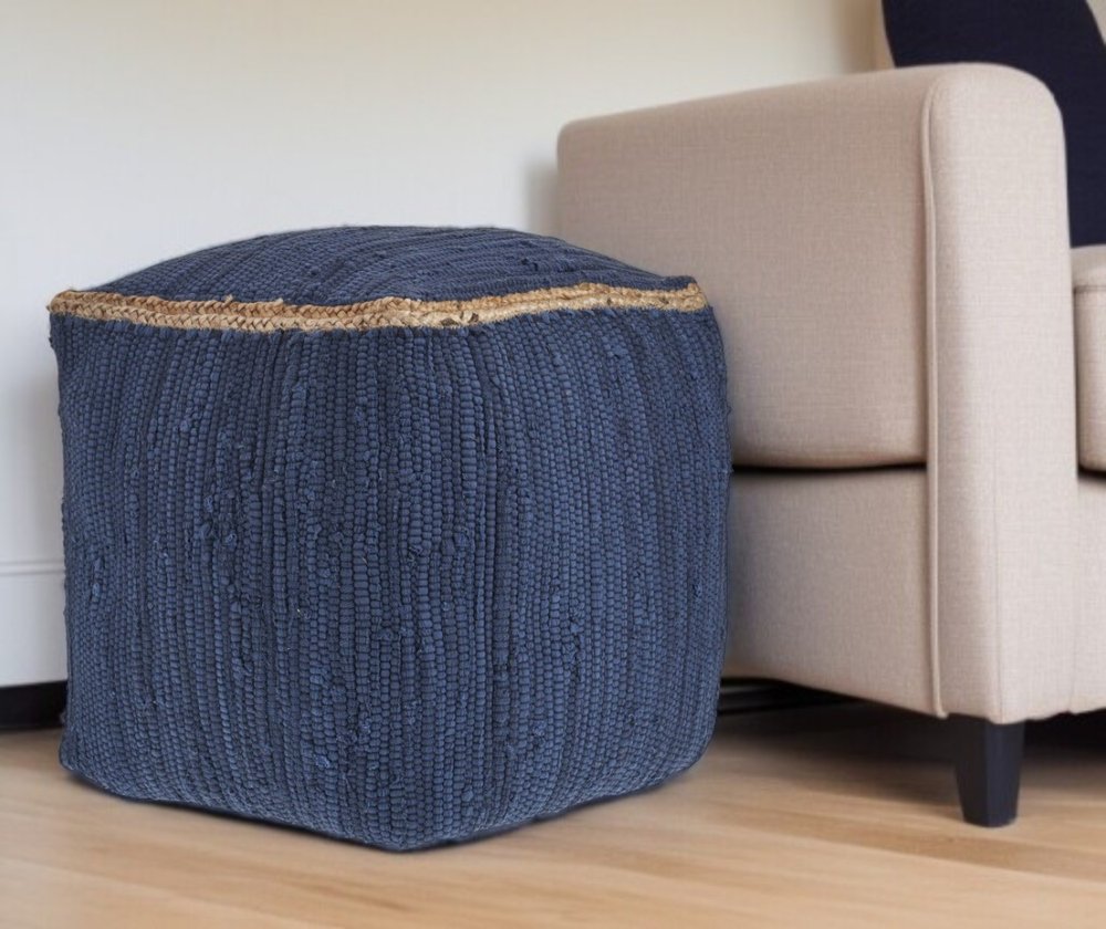 18" Gray and Natural Cotton And Jute Cube Pouf Ottoman