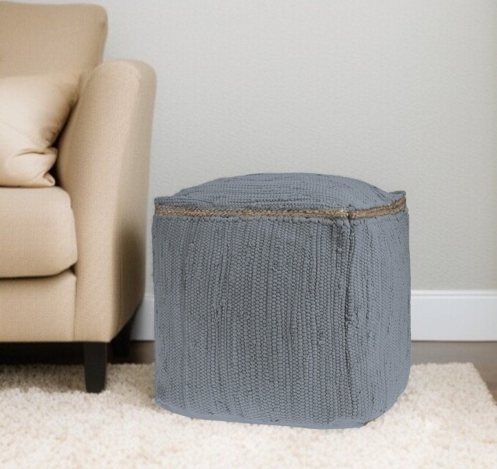 18" Gray and Natural Cotton And Jute Cube Pouf Ottoman